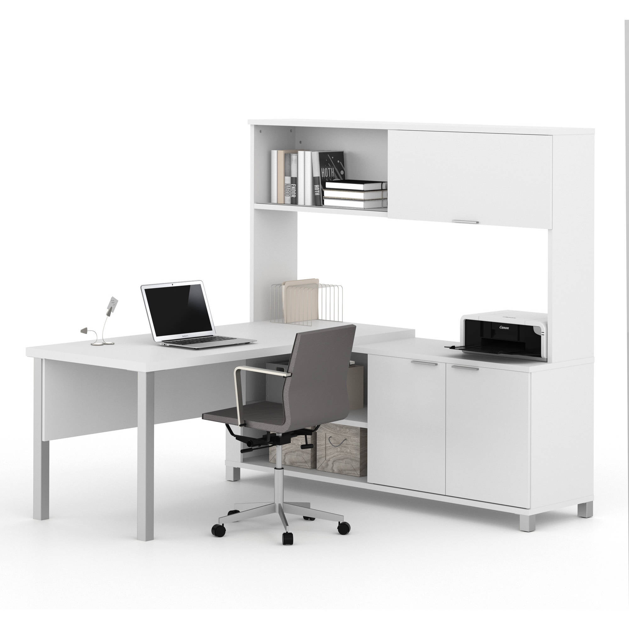 Bestar Pro Linea White L Desk with Open Hutch