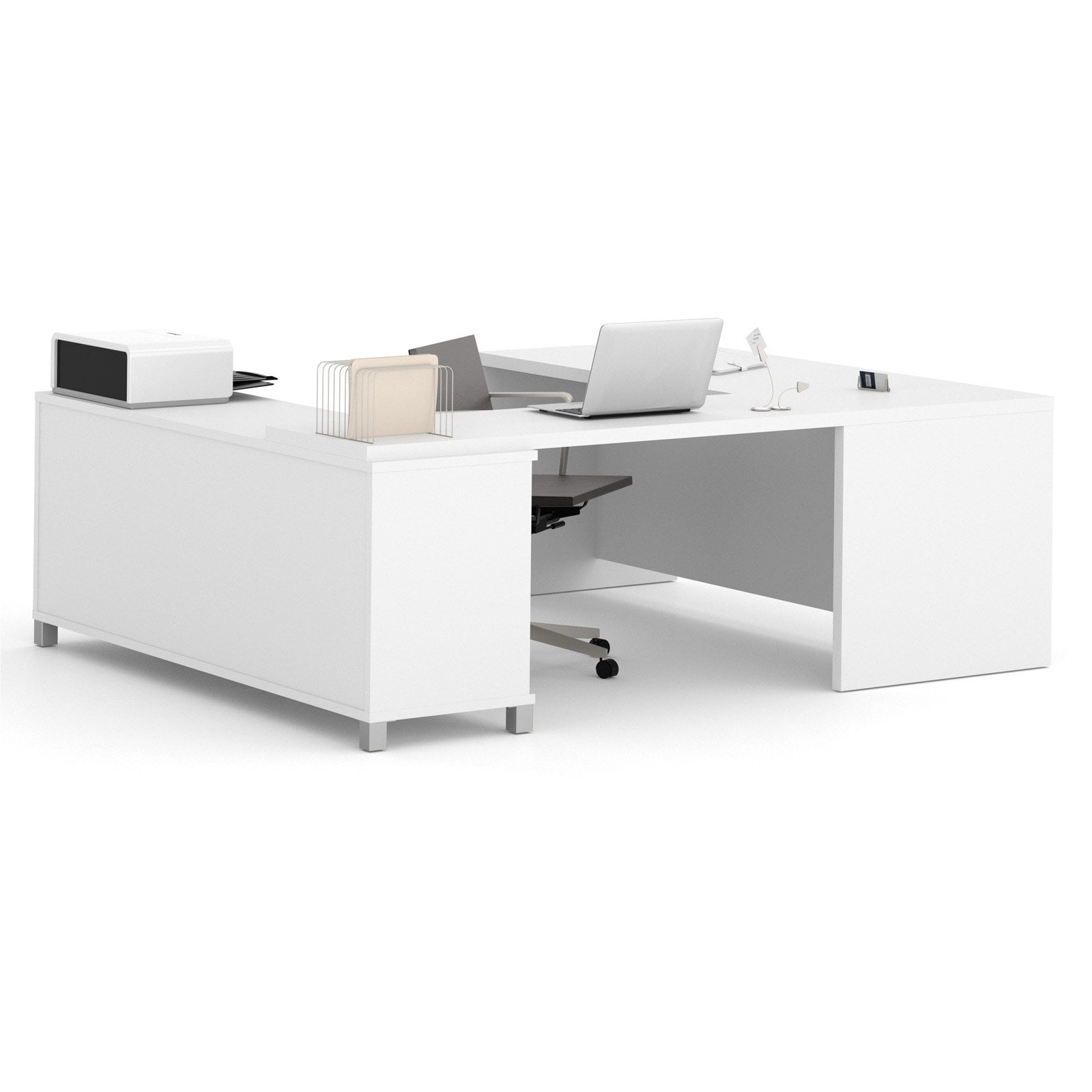 Contemporary White U-Shaped Executive Home Office Desk with Drawers