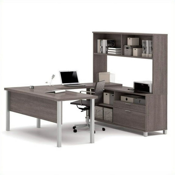 Bestar Pro-Linea U-Desk with Hutch, Bark Grey
