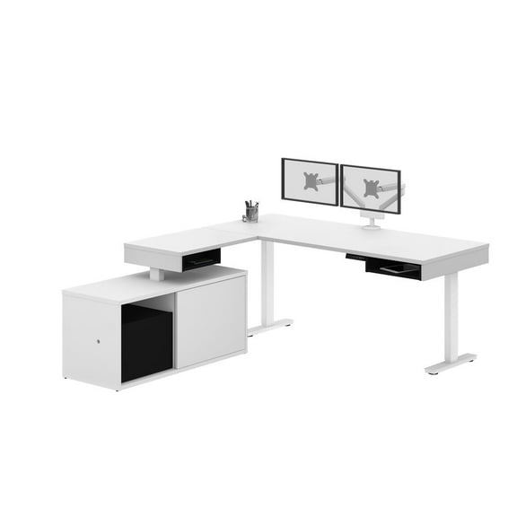 Bestar Pro-Vega L Shaped Adjustable Standing Desk with Credenza and Monitor Arms
