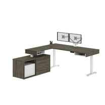 Bestar Pro-Vega L Shaped Adjustable Standing Desk with Credenza and Monitor Arms