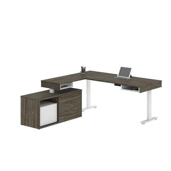 Bestar Pro-Vega L Shaped Adjustable Standing Desk with Credenza in Walnut Gray