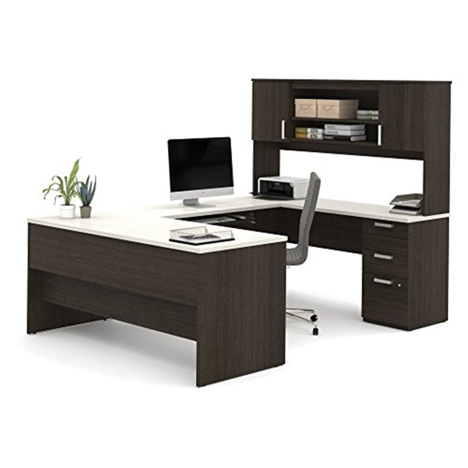 Ridgeley Two Tone Chocolate U-Shaped Office Desk with Hutch