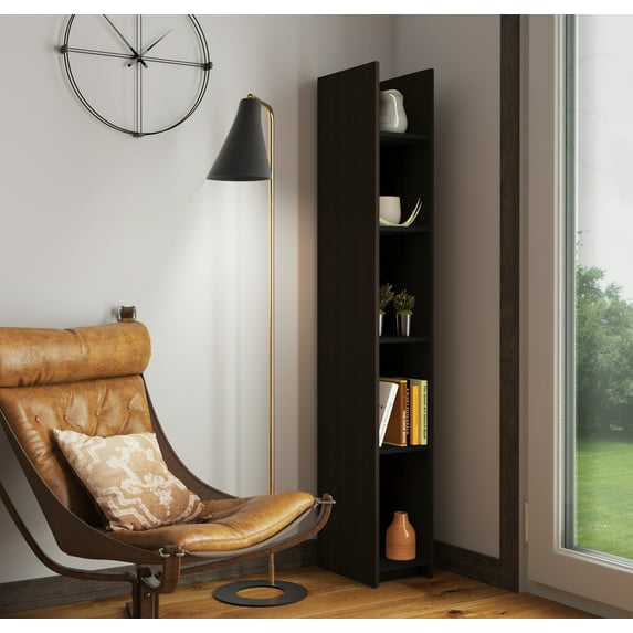 Bestar Small Space 10-inch Storage Tower in Dark Chocolate and Black - 71.1" Height x 10" Width x 14.5" Length, 2 fixed and 3 adjustable shelves