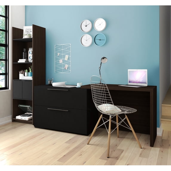 Bestar Small Space 2-Piece Sliding Computer Desk and 20-inch Storage Tower Set in Dark Chocolate and Black - Includes one Sliding Computer Desk and
