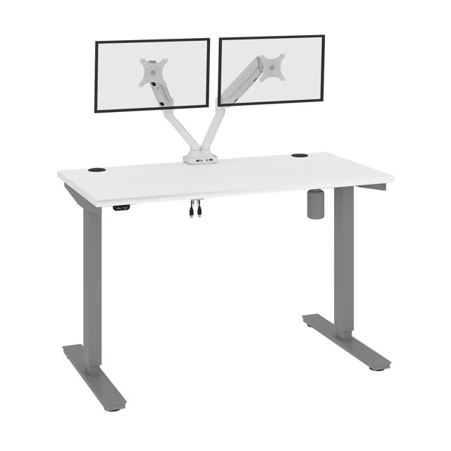 Bestar Upstand 48" Engineered Wood Standing Desk with Dual Monitor Arm in White