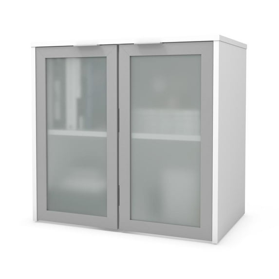 Bestar i3 Plus 2 Frosted Glass Door 30" Wooden Desk Hutch in White