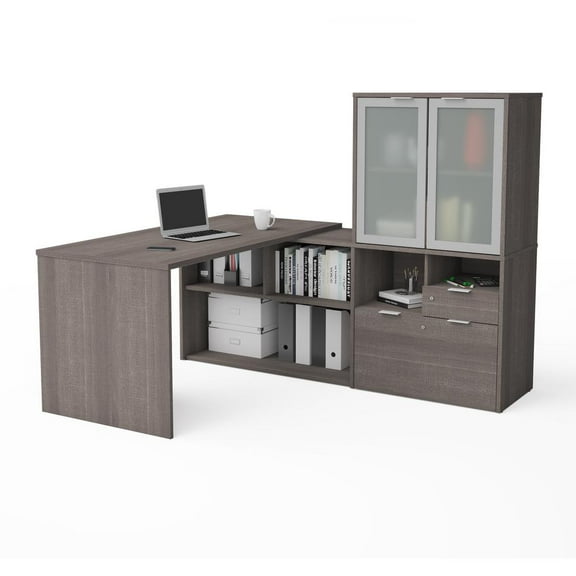 Bestar i3 Plus L Shape Computer Desk with Hutch in Bark Gray