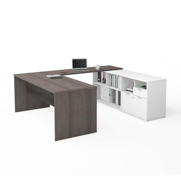 Bestar i3 Plus U Shape Computer Desk in Bark Gray and White