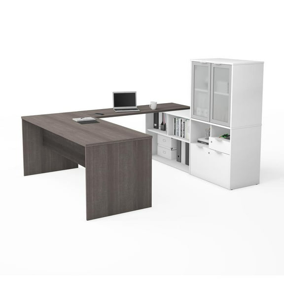 Bestar i3 Plus U Shape Computer Desk with Hutch in Bark Gray and White