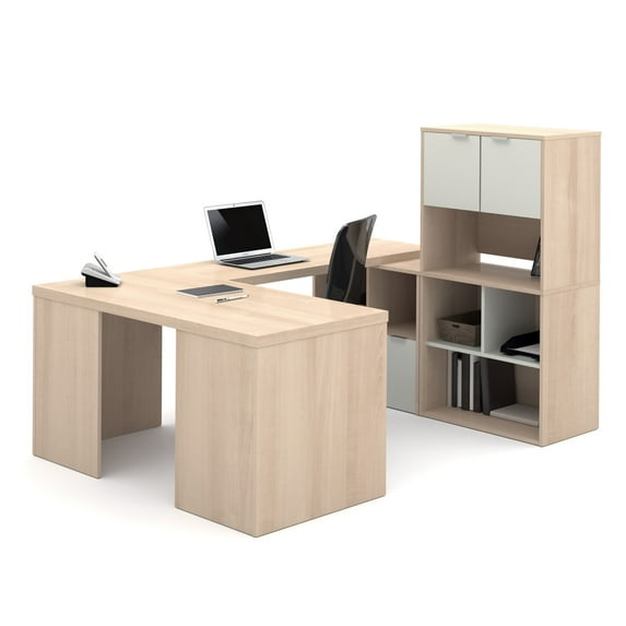 Bestar i3 U-Shaped Desk in Northern Maple and Sandstone