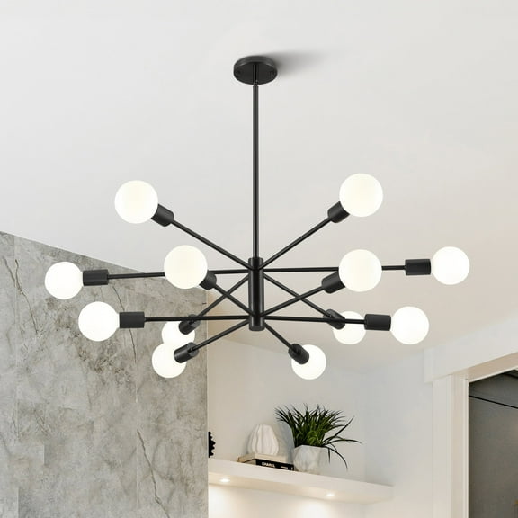 Bestco 12-Light Modern Sputnik Chandelier for Dining Room with 4 Extension Rods Black