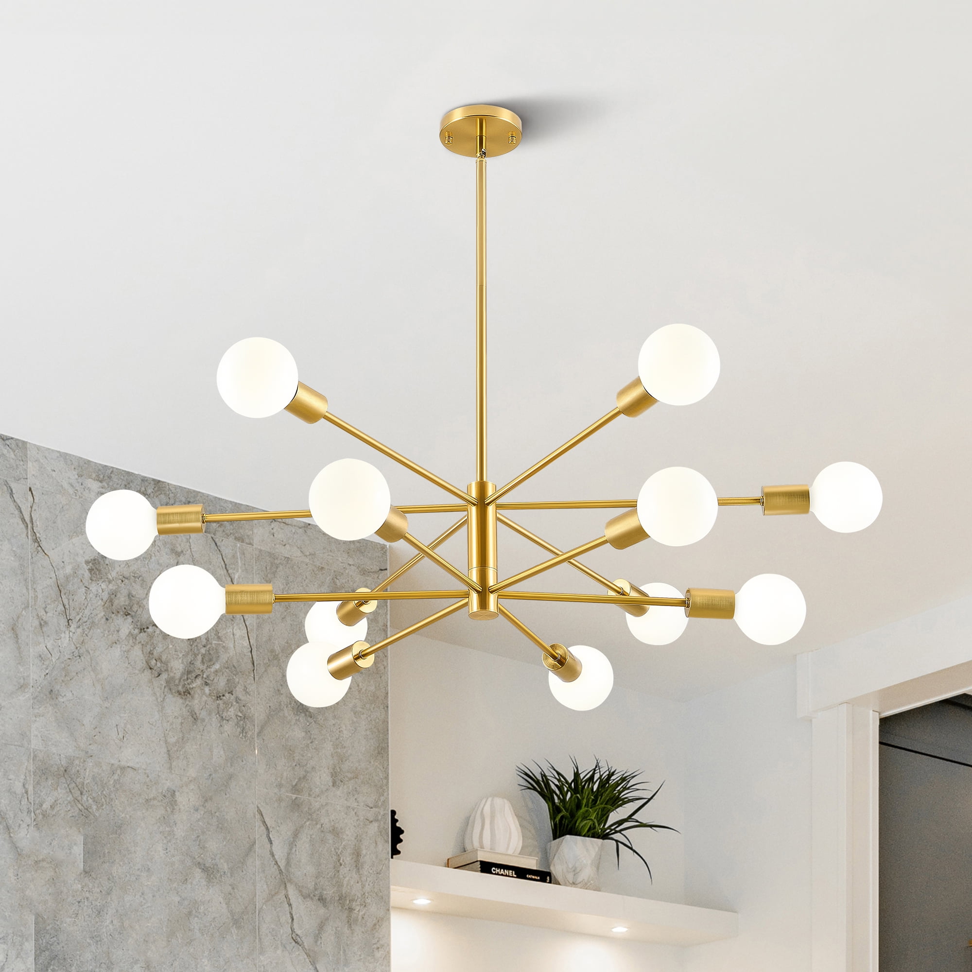 Bestco 12-Light Modern Sputnik Chandelier for Dining Room with 4 Extension Rods Gold