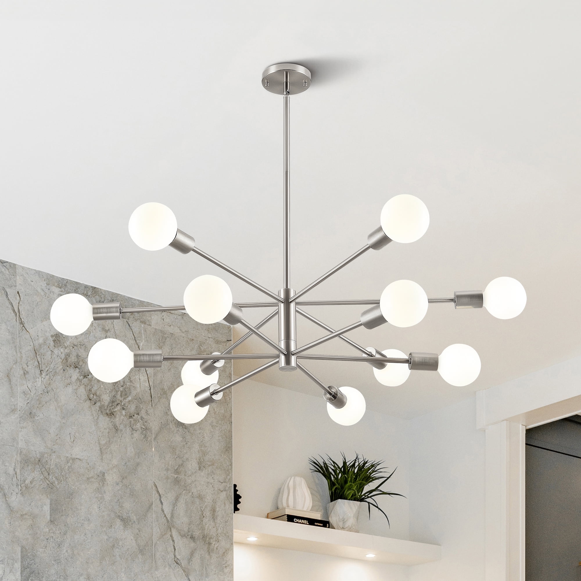 Bestco 12-Light Modern Sputnik Chandelier for Dining Room with 4 Extension Rods Nickel