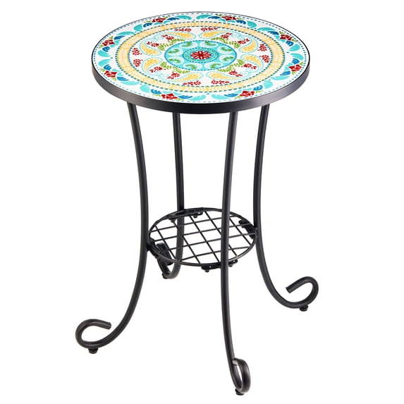 Bestco 14" Ceramic Side Table w Ceramic Top Shelf Metal Legs Outdoor Plant Stand Floral