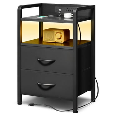 Bestco 2 Drawer Nightstand with Charging Station & LED Light Strip for Bedroom Black