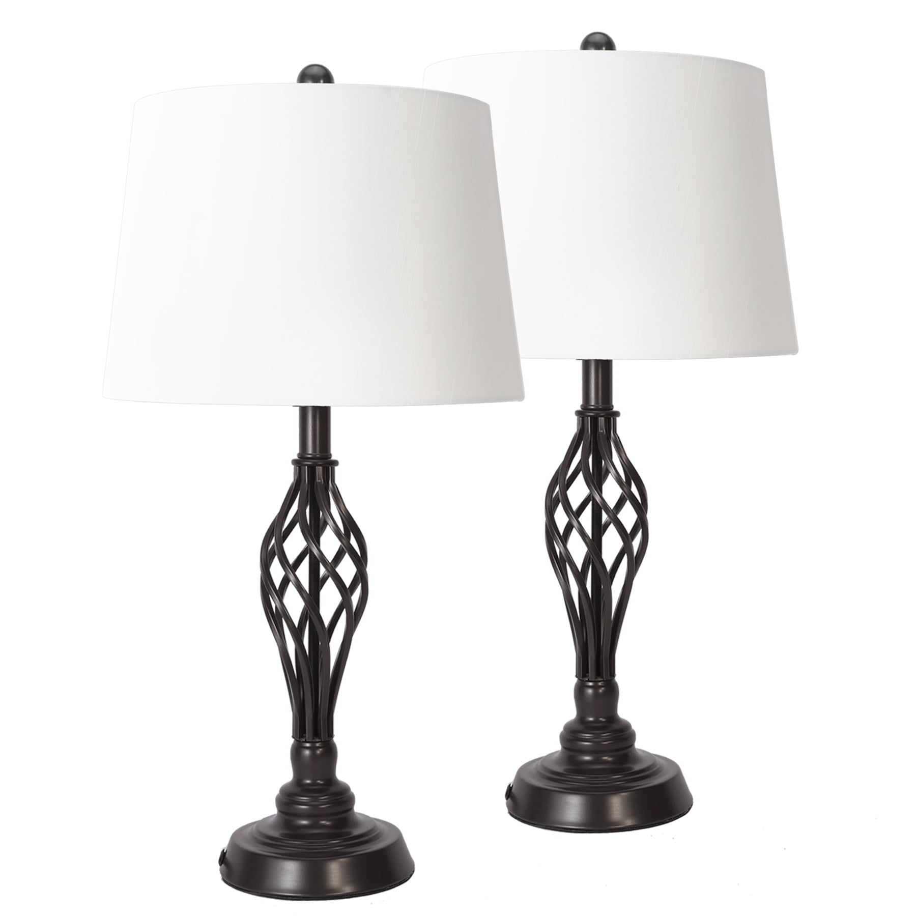 Oil-Rubbed Bronze Spiral Cage Table Lamps with White Drum Shades, Set of 2