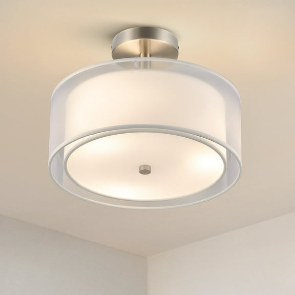 Bestco 3-Light Drum Light Fixture Semi Flush Mount Ceiling Light Dual Layer Fabric Shade Gray