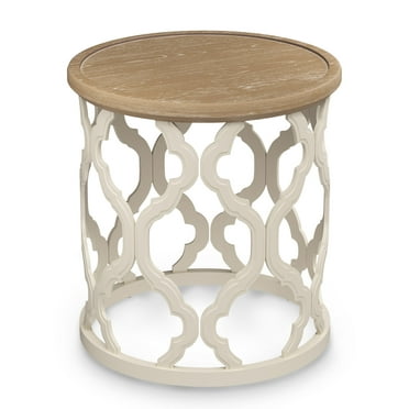 Bestco 17.7" Farmhouse End Table, Round French Country Side Table, Distressed Wood Tray Top Rustic Accent Table with Lipped Edge, Beige