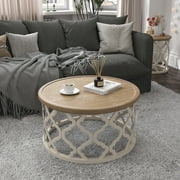 Bestco 30in Round French Country Coffee Table, Farmhouse Coffee Table, Distressed Wood Tray Top Vintage Coffee Table with Storage Shelf, Beige
