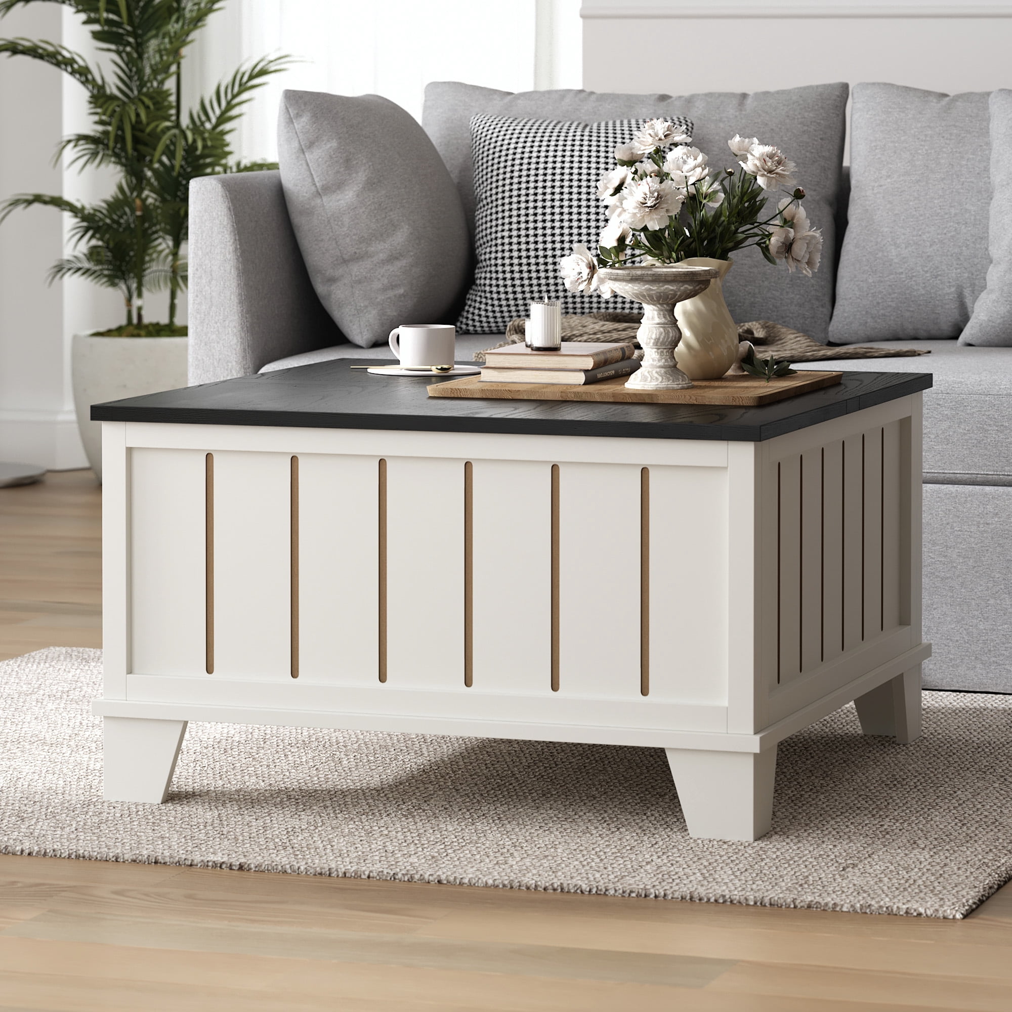 Bestco 31.5" Farmhouse Coffee Table with Storage Rustic Center Table White & Black