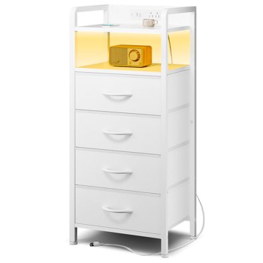 Bestco 4 Drawer Nightstand with Charging Station & LED Light Strip for Bedroom White