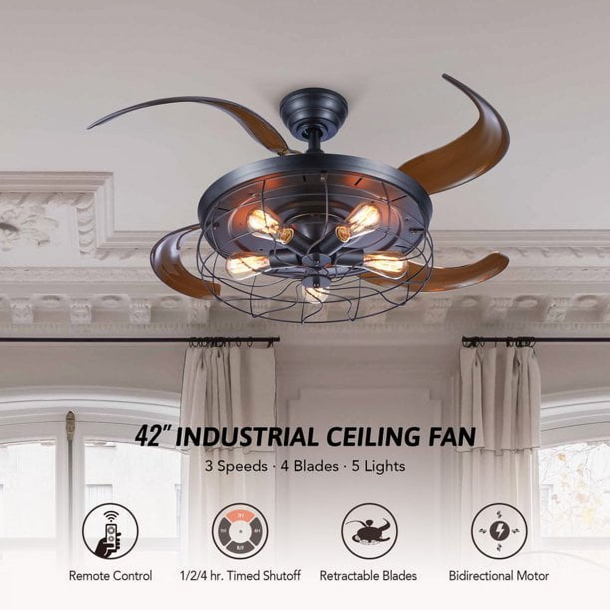 Bestco 42" Ceiling Fan and Lighting with 5 Sockets Remote Control Timer 4 Hidden Blades