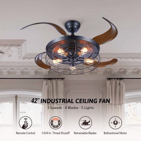 Bestco 42" Ceiling Fan and Lighting with 5 Sockets Remote Control Timer 4 Hidden Blades
