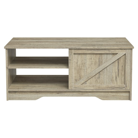 Bestco 42" Farmhouse Coffee Table with Sliding Door Rustic Center Table Light Rustic Oak