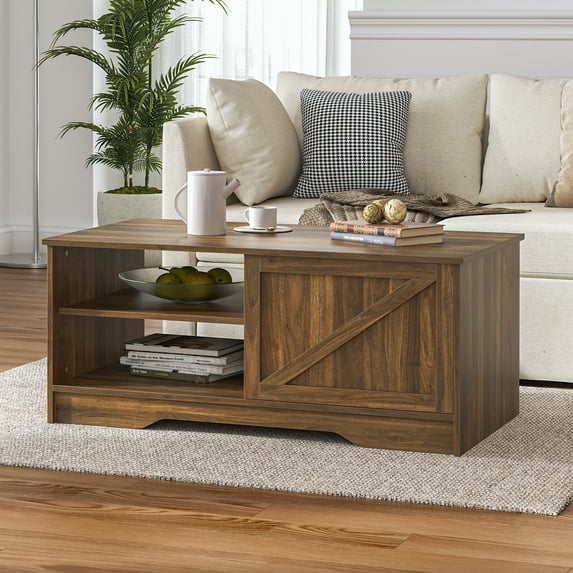 Bestco 42" Farmhouse Coffee Table with Sliding Door Rustic Center Table Walnut