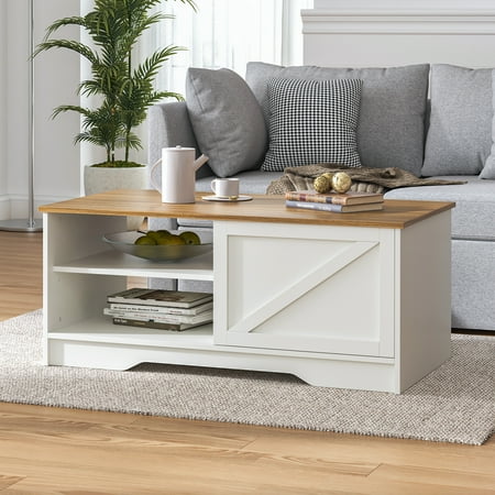Bestco 42" Farmhouse Coffee Table with Sliding Door Rustic Center Table White & Walnut