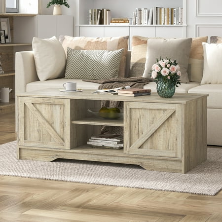 Bestco 47" Farmhouse Coffee Table with Sliding Doors Rustic Center Table Light Rustic Oak