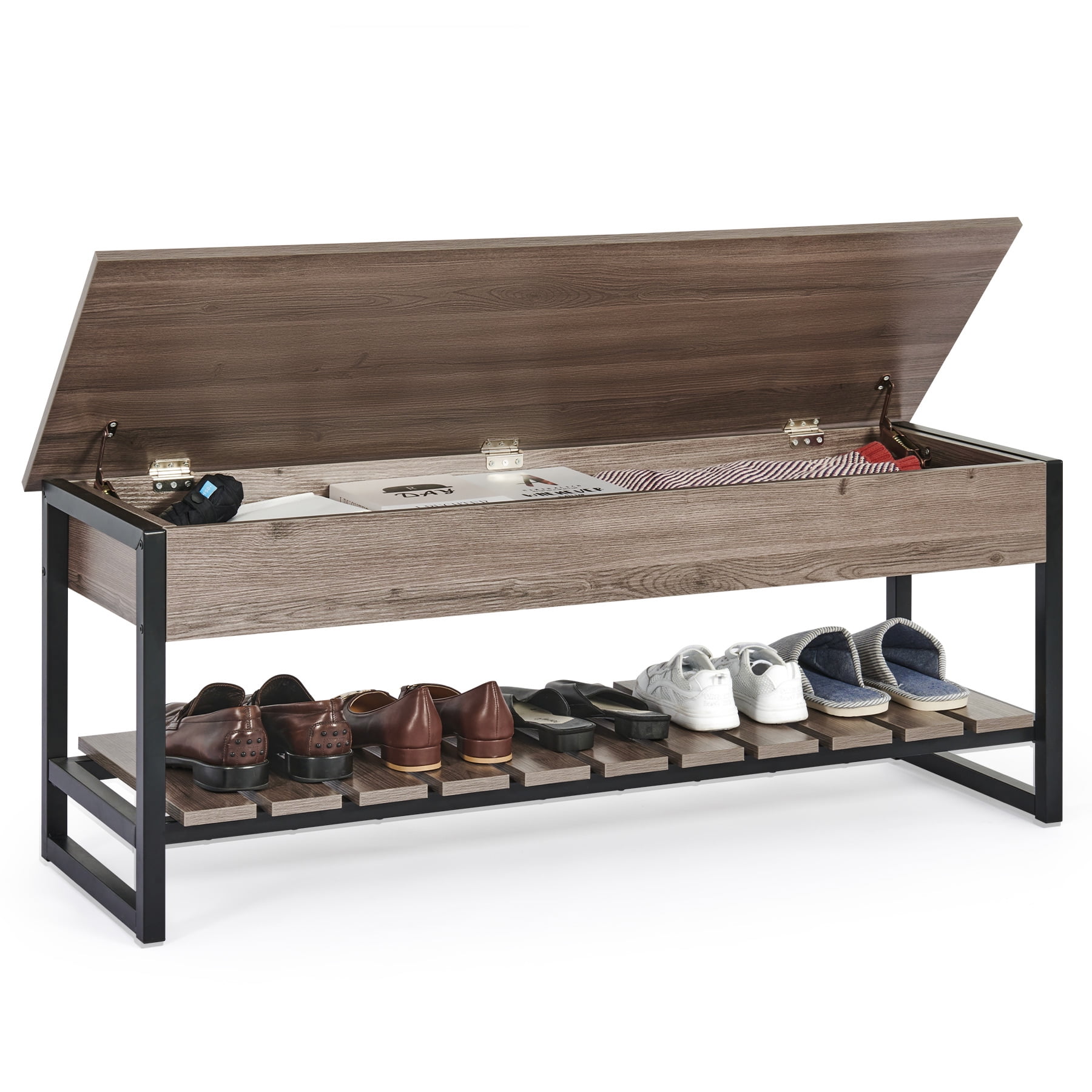 47 Black Walnut Wooden Shoe Storage Bench with 3 Doors & 5