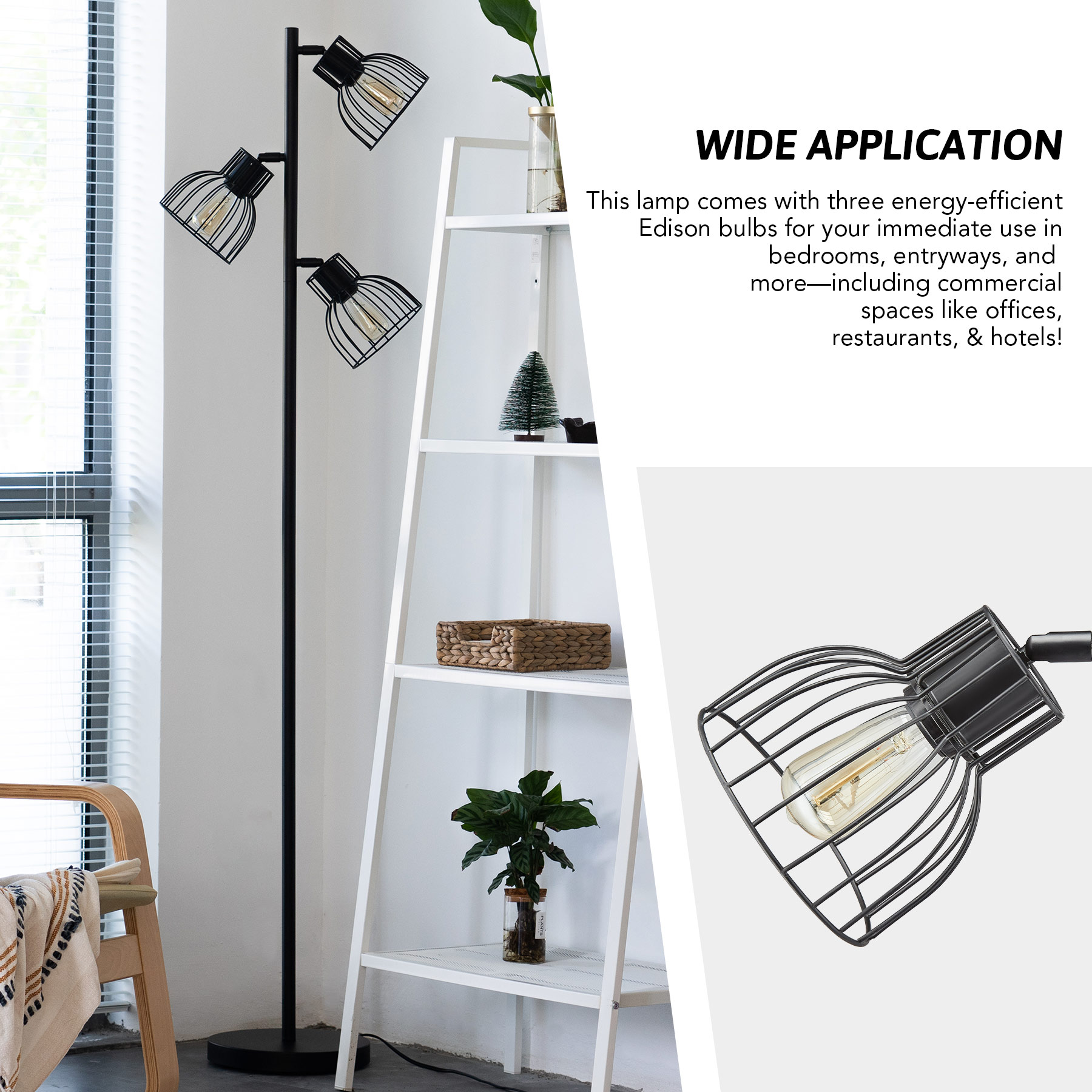 Bestco 5'5" Industrial Floor Lamp w Adjustable Metal Shades, 3 Bulbs Incl., Black