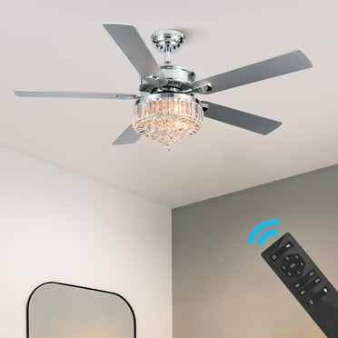 Bestco 52" Chandelier Crystal Ceiling Fan with Light 6 Speeds 5 Dual Sided Blades Chrome