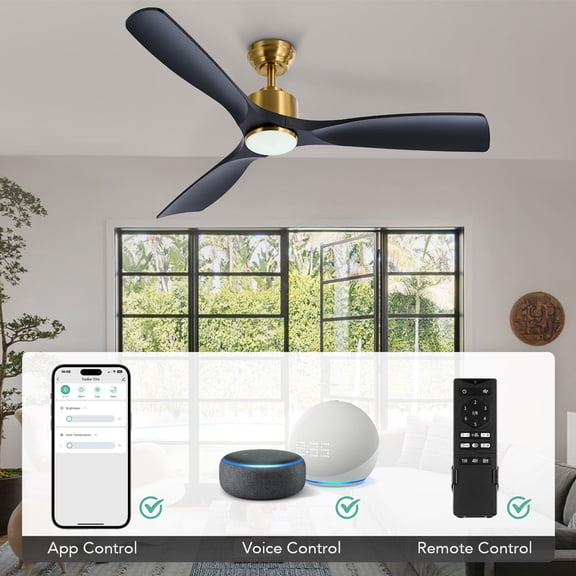 Bestco 52" Smart Ceiling Fan with Light 6 Fan Speeds 1/4/8 hr. Timer & Remote Control Black