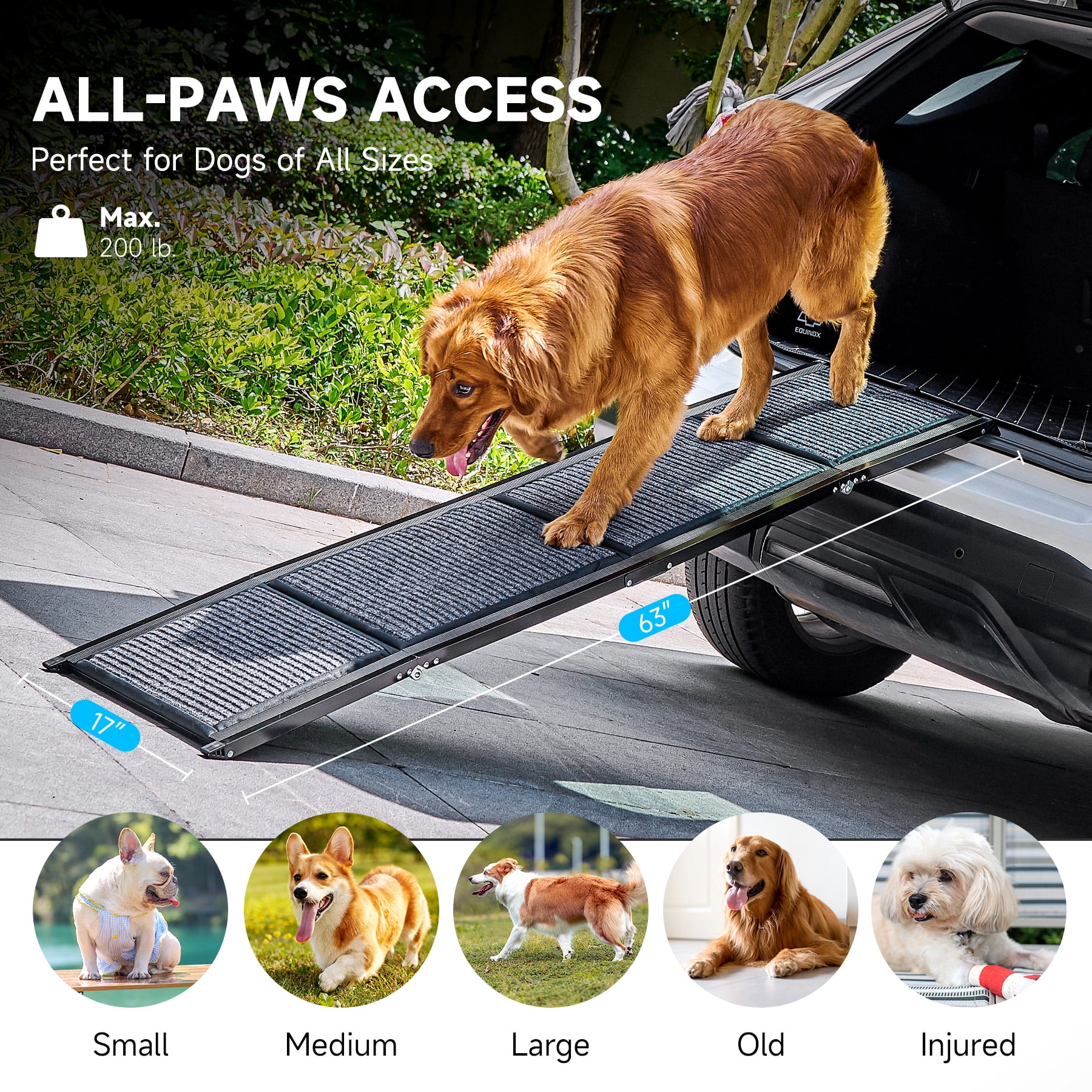 63-Inch Black Aluminum Foldable Dog Car Ramp with Nonslip Rug Surface