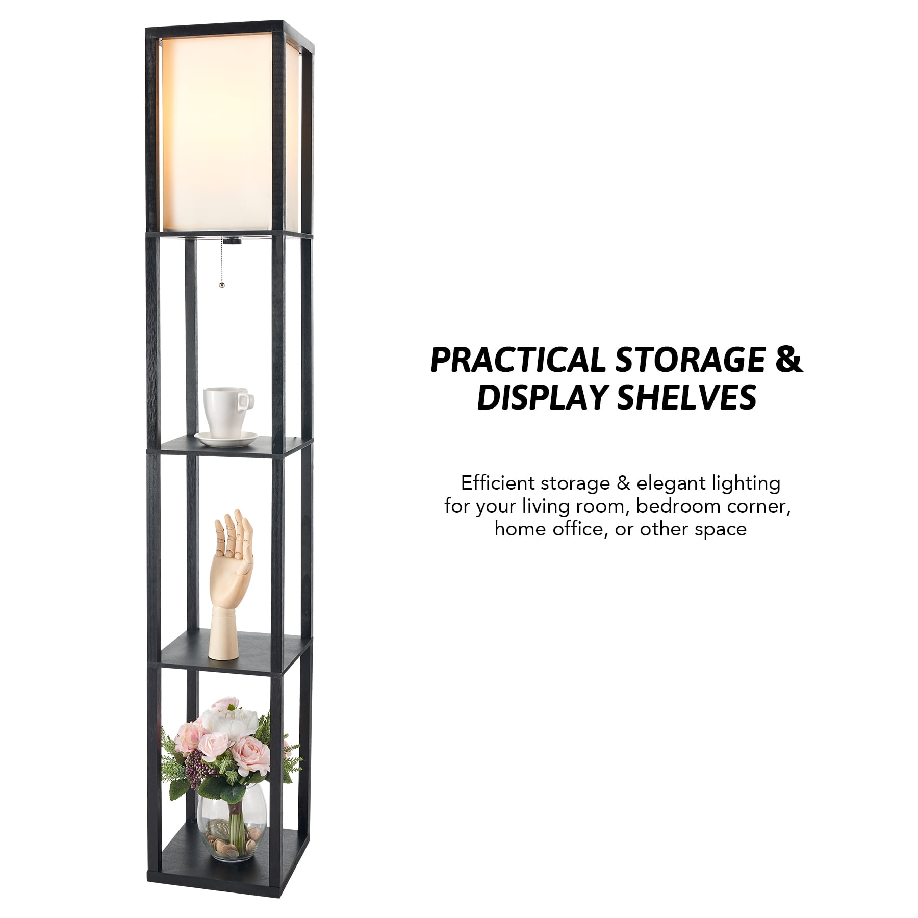 Bestco 63" Standing Lamp with Wood Shelves, 9W LED Light Bulb for Bedroom More, Black