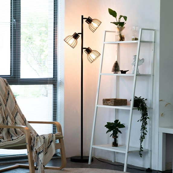 Bestco 65" Industrial Floor Lamp w 3 Lights & Metal Shades, Bulbs Included, Black