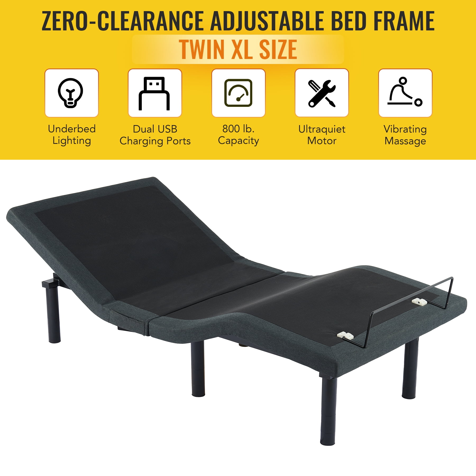 Twin XL Black Adjustable Metal Bed Frame with Massage and Lighting