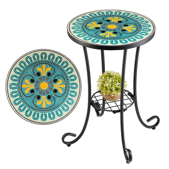 Bestco Ceramic Tile End Table 14" Mosaic Table Metal Plant Stand w Display Shelf French