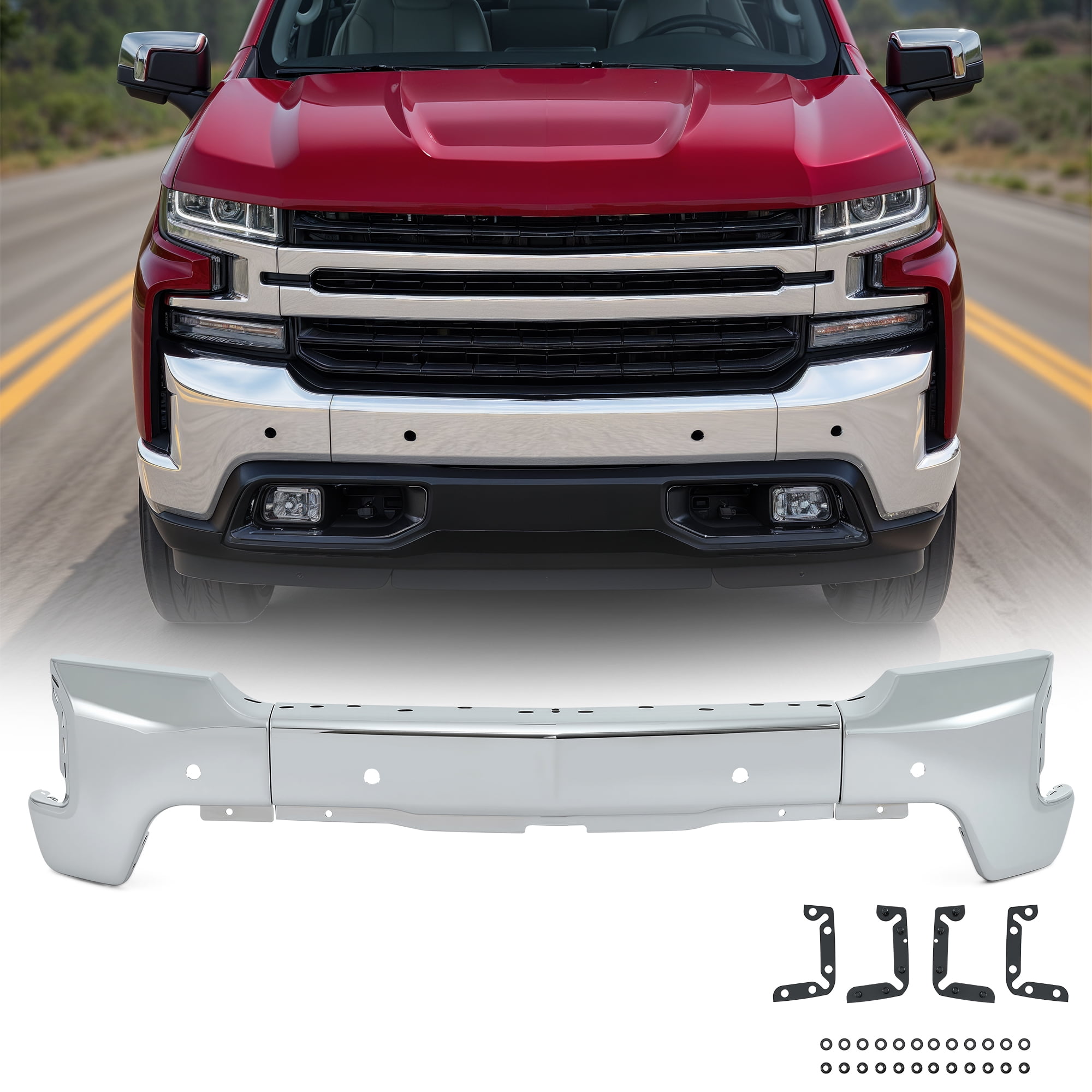 Bestco For 2019-2022 Chevrolet Silverado 1500 Split Steel Front Bumper Chrome With Sensor Holes