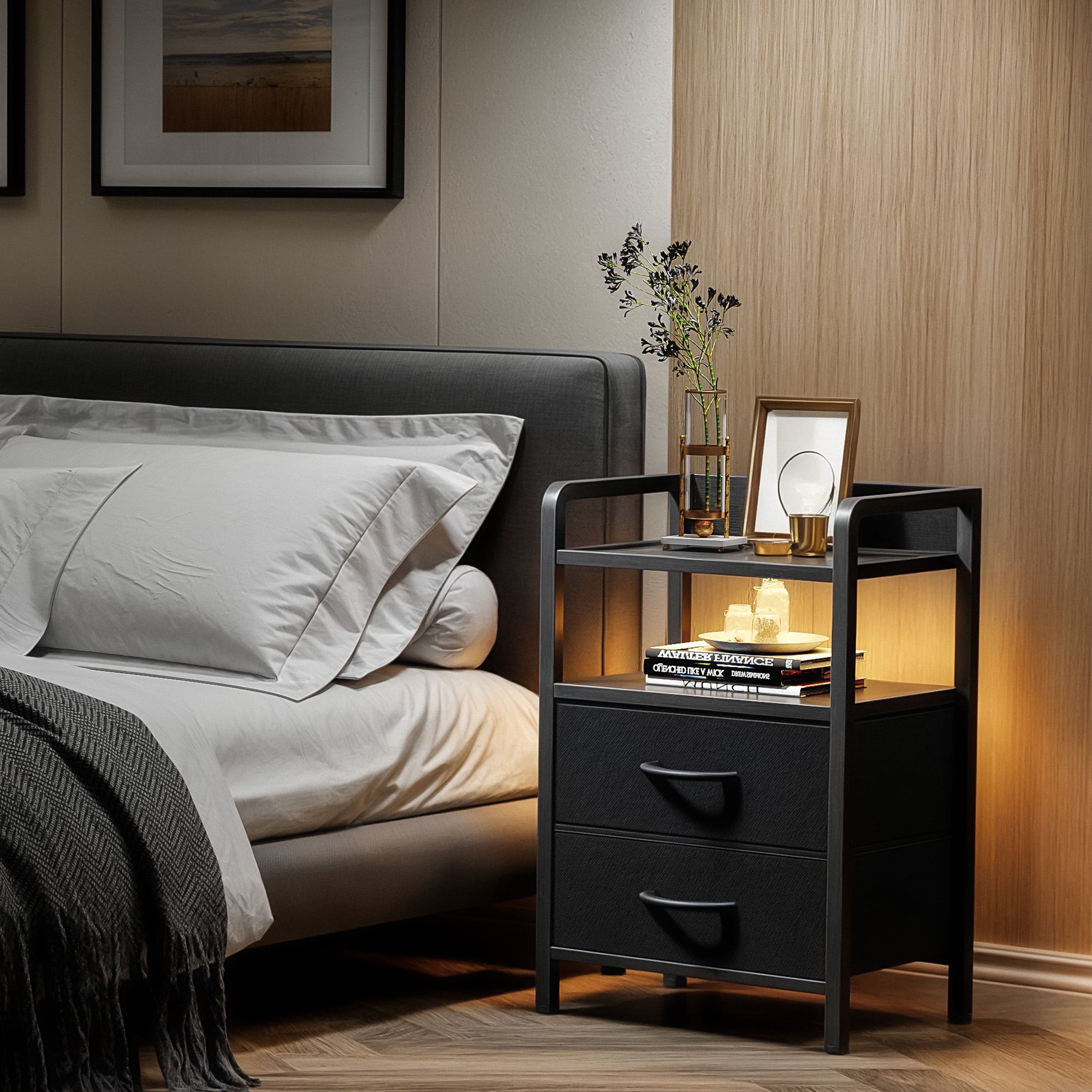 Bestco LED Nightstand End Table with Charging Station & 2 Drawers for Bedroom Black