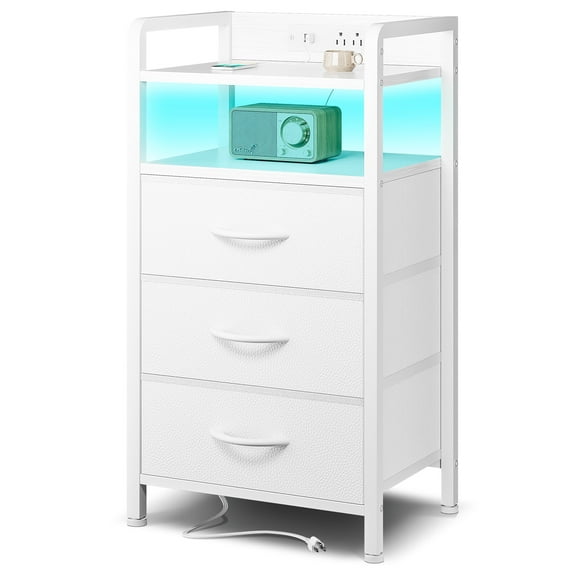 Bestco LED Nightstand End Table with Charging Station & 2 Drawers for Bedroom White