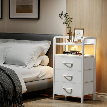Bestco LED Nightstand End Table with Charging Station & 3 Drawers for Bedroom White