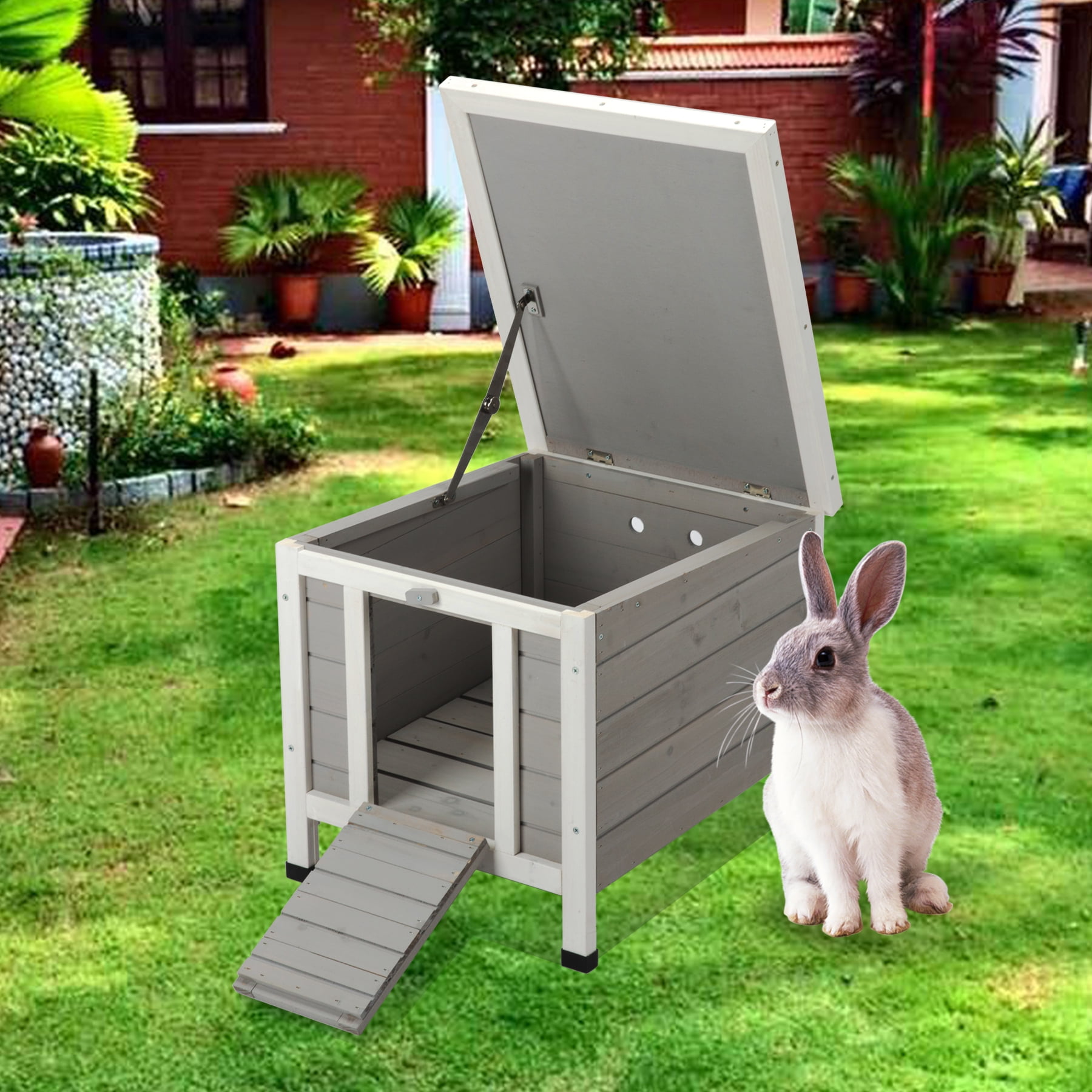 Bestco Large Wooden Rabbit Hutch w/ Ramp, Weatherproof Outdoor ...