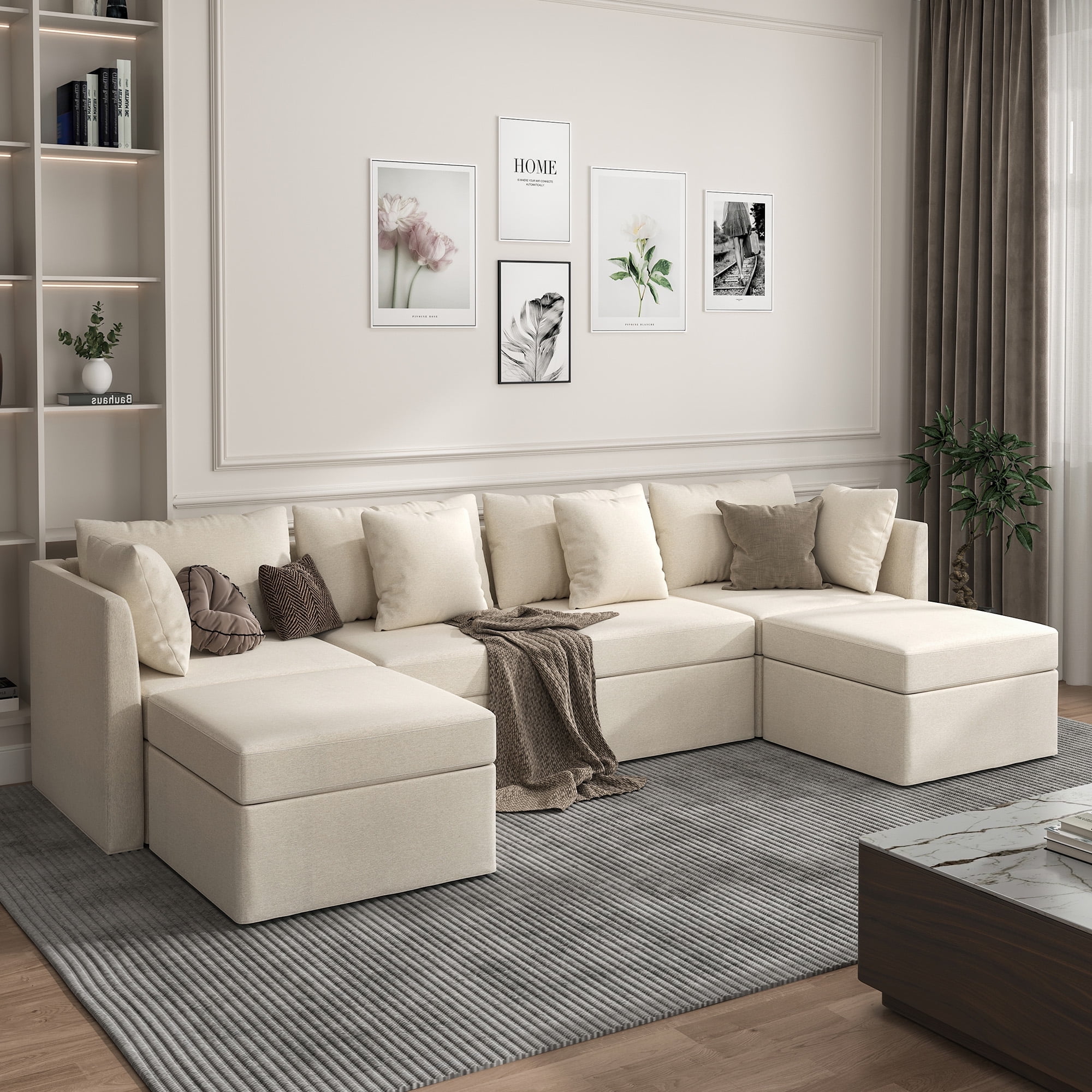 Bestco Modular Couches and Sofas Sectional 4 Seat U Shaped Sofa w Storage Ottoman, Beige