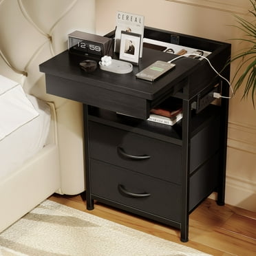 Bestco Nightstand with Sliding Top Modern End Table with Charging Station & 2 Drawers Black