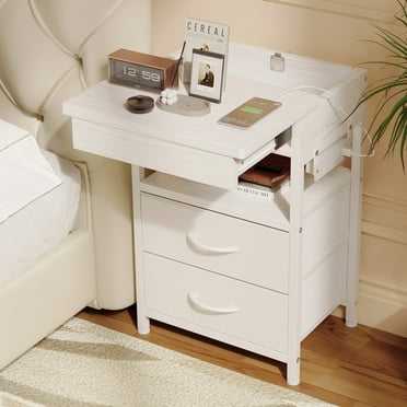 Bestco Nightstand with Sliding Top Modern End Table with Charging Station & 2 Drawers White