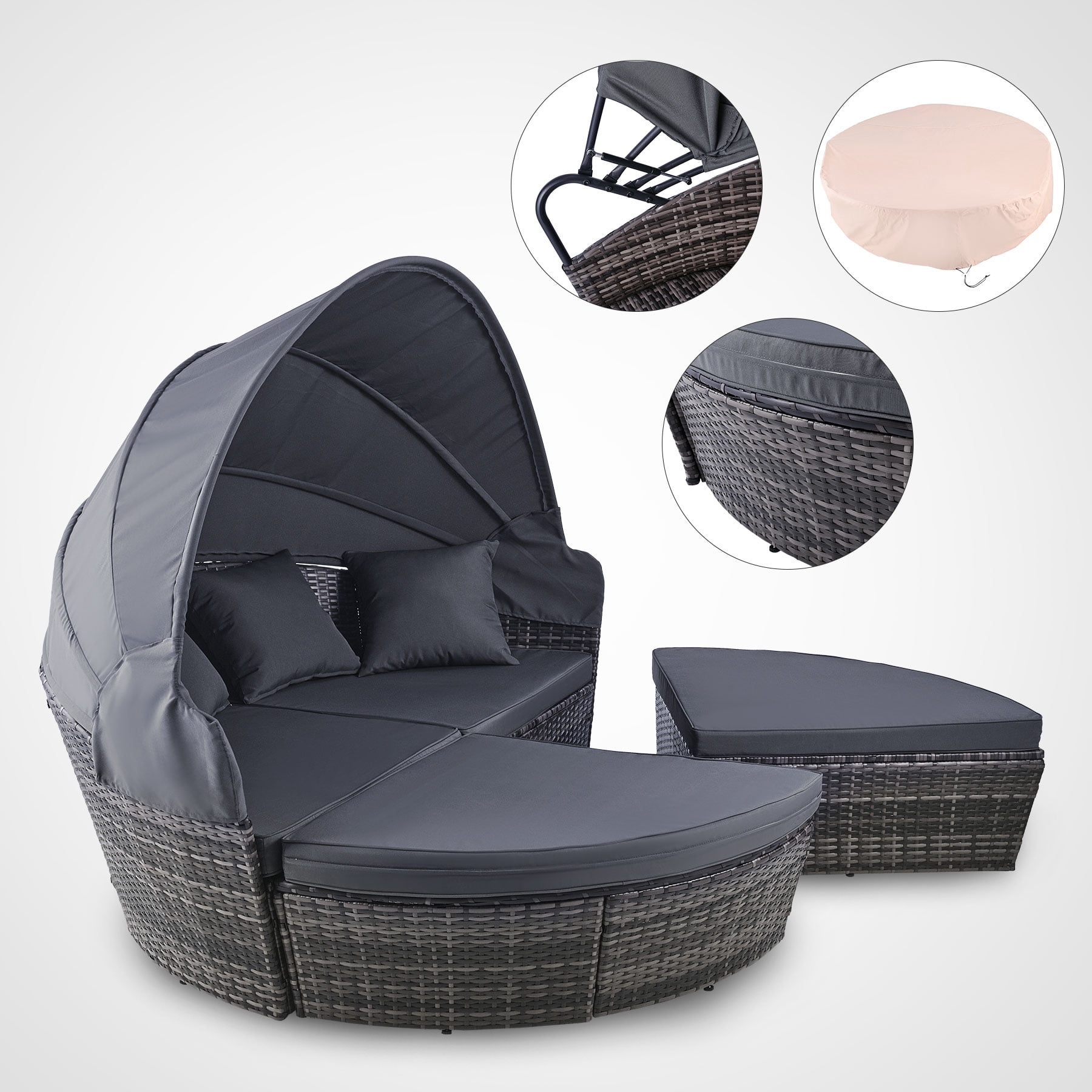 Bestco Outdoor Daybed w Retractable Canopy 4 Piece, Outdoor Sectional Sofa Set with Rattan Daybed or 4 Chairs, Retractable Canopy, Pillows, Water-Resistant Cover, Gray